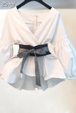 2023 Fashion Women Tops Blouses Vintage Long Lantern Sleeve Shirts Autumn OL with Belt Striped V-neck Elegant