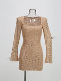 Women's New Sexy Square Collar Hot Diamond Long-Sleeved Dress Body Slimming Bag-Butt Dress Dress Dress