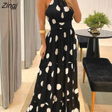 Women's Clothing Spring Summer Polka Dot Print Halter Backless Ruched Maxi Dress Elegant Party Wedding Sleeveless