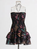 Holiday Style Slim Hanging Neck Bag Hip Dress 2025 Summer New Design Printing Folds Short Dress