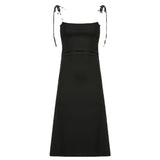 Zingj New Black Slip Dress Women's Side Waist Small Draw Pleated Waist Show Thin