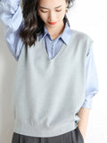 Zingj Blend 2024 Autumn / Winter New Ladies Loose V-Neck Solid Color Short Cover Vest Knit Vest Vest-Outfit