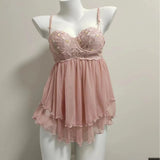 Sexy Lace Embroidered Pajamas Women Summer Small Breast With Steel Ring Pure Lust Wind Mesh Sling Sling Aja Skirt