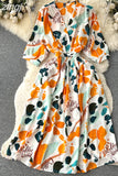 Women Vintage Printed Dress Elegant V-Neck Puff Sleeve High Waist A-Line Midi Robe Female Vacation Beach Vestidos