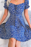 Women Flroal Print A-Line Short Dress Summer Shrinkage Design Bandage Boho Mini Dress Ladies Square Collar Vestido