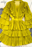 Vintage Women Cascading Ruffle Party Dress Elegant V-Neck Flare Long Sleeve High Waist A-Line Mini Vestidos Female