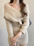 Chic Apricot Woolen Dress for Women Cross V-Neck Elegant Mini Knit Dresses Bodycon Fall Vestido Feminino Winter 2023
