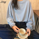 Sleeve T-shirts Ins College Spring Fall Basic Korean Harajuku Simple Girls Tops All-match Lantern-Sleeve Fashion Femme