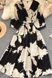 Women Flower Printed Midi Dress Spring Autumn Elegant V-Neck Slim Vestidos Casual High Waist A-Line Bohemian Robe