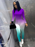 Women Gradient Print Long Sleeve Sport Bodycon Jumpsuit Bandage Skinny Jumpsuit Streetwear Autumn Winter Romper