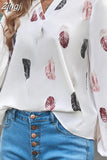Feather Print Blouse Chiffon Shirts Women Long Sleeve Tops Autumn V-Neck Causal Loose 5XL Clothes Blusa Mujer