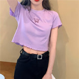Zingj 2024 Summer High Waist Crop Short T-Shirt Women Slim And Thin Butterfly Embroidery Short-Sleeved Top