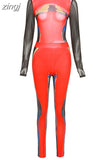 Colorful Print Casual Two Piece Sets Women Mesh Patchwork Skinny Sporty Bodysuits Top+High Waist Leggings