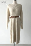 Loose Waist Solid Korean Thick Knitwear V-Neck Woman Warm Dresses Sweater Dress Women Knitted Clothes Autumn Winter