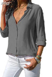Spring and Summer Fashion Shirt Office Lady V-neck Button Long-sleeve Blouse Solid White Shirt Casual Tops Women