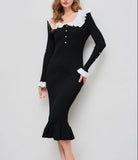 Retro-Collending Lotus Leaf-Side Elegant Knitted Dress Slimy Temperamental