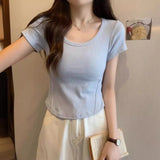 Zingj U Collar Short-Sleeved T-Shirt Women 2023 Summer New Korean Version Slim High Waist Short Style Students Pure Color Jacket