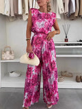 Women's Fashion Set Round-Neck Sleeveless Top 100-Fold Broad Leg Trousers Two-Set Casual