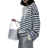 Zingj 2024 New Korean Women's Striped Long-Sleeved T-Shirt Female Top Students Thin Loose Round Collar Hoodie