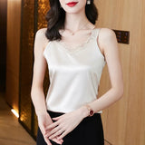 Women's Tops V-Neck Lace Vest Solid Sleeveless Satin Sexy Blouse Women 2023 Summer Fashion Women Clothing Basic Silk Womens