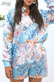 2pcs Beach Styles Satin Sets Women Fashion Scenery Pattern Button-down Shirts and Shorts 2023 New Summer Casual