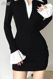 Flare Sleeve Skinny Black Dress Mini Patchwork Slim Basic Turn-Down Collar Casual Dress Women Contrast Korean