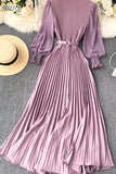 Women Pleated Long Dress Female Elegant Lantern Long Sleeve High Waist Red/Purple Draped Maxi Vestidos Spring Autumn