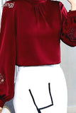 Women's Blouse Silk Tops for Women Solid Embroidered Long Lantern Sleeve Top Stand Neck Clothing Female 2023 Basic