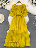 Vintage Women Irregular Pleated Dress Elegant V-Neck Ruffle Short Puff Sleeve High Waist Draped Midi Robe With Belt