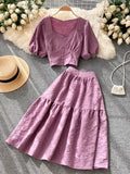 Two Piece Set Women Vintage Square Collar Short Sleeve Tops + High Waist A-Line Skirt Female Suits 2023