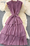 Women Purple/Pink/Green Draped Dress Vintage Ruffle Stand Collar Sleeveless High Waist Party Pleated Vestidos Female