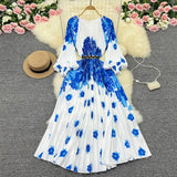 Zingj New Women's Dress Oversized Skirt Print Pleated Waist Lace Holiday