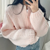 Round Neck Lantern Sleeve Knitted CardiganOutfit