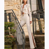 New Fashion Round Neck Heavy Industry Nail Beads Short Jacket Open Fork Horn Trousers