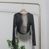 With A Thin-Dyed Sexy Mesh Long-Sleeved Sunscreen T-Shirt With A Short Top