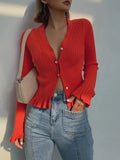 Women's Elegant V-Neck Lotus Leaf Side Details Knitted Cardigan Sweater With