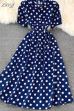 Women Polka Dot Midi Dress Vintage V-Neck Single Breasted Short Sleeve A-Line Vestidos Female Elegant New Fashion