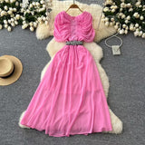 Fan Niche Design Pressure Folding Collar Button To Collect Waist Thin Temperament Medium Long Over Knee Chiffon