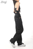 Five Pointed Star Straight Women Black Jeans European and American Style Design High Waist Wide Leg Length All Match