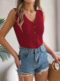 Shooting Summer New Solid Color Button V Collar Hollow Sleeveless Top Holiday Knitwear Women's