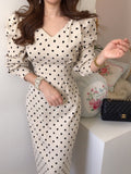 Elegant Polka Dot Corduroy Dress Korea Fashion Long Sleeves Midi Dresses for Women V-Neck Slim Vestidos Autumn 2023