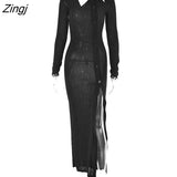 Single Breasted Transparent Dresses Women Sexy Long Sleeve Casual Turn Down Collar High Side Split Evening Dress