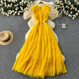 Famous French High-End Women V Lead Heavy Industry Folding Net Yarn Waist Fluffy Cake Dress