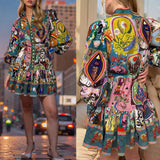 Women's Printed Round-Neck Belt Folded Lotus Leaf Side Retro Folded