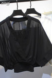 Two Piece Set Striped Chiffon Grid Summer Half Sleeve Loose V-Neck Floral Spring Cool Blouses Sweet Ladies Short Tops