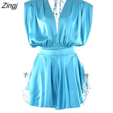 Deep V Neck Satin Dresses Women 2023 Spring Sexy Sleeveless Elegant Blue Robe Solid Backless Bodycon Mini Dress
