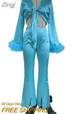 Women Fashion 2 Pcs Outfts Feather Trim Tie Knot Long Sleeved Outfits+High Waist Split Long Pants Suits