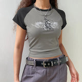Raglan Sleeve Grunge Wing Print Crop TopOutfit