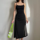 Zingj New Black Slip Dress Women's Side Waist Small Draw Pleated Waist Show Thin