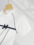 Zingj Combed Cotton White T-Shirt Women's Pure Cotton Bright Thread Design Bow Knot Rotator Sleeve Round Collar Short Sleeve Shirt